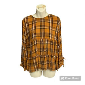 Maurice’s brown plaid baby doll style size small top long sleeve ties on sleeves